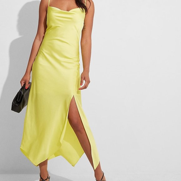 NWT EXPRESS Satin Cowl Neck Asymmetrical Hem Maxi Slip Dress - Yellow - Picture 1 of 4